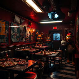 A dimly lit, eerie pizzeria interior similar to Five Nights at Freddy's, featuring animatronic characters lurking in the shadows