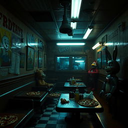 A dimly lit, eerie pizzeria interior similar to Five Nights at Freddy's, featuring animatronic characters lurking in the shadows