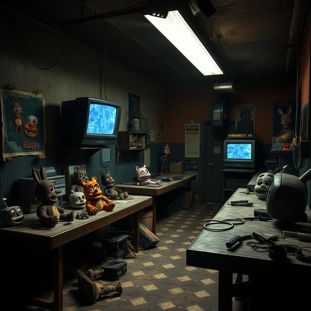 A spooky and eerie parts and service room inspired by the Five Nights at Freddy's (FNAF) aesthetic