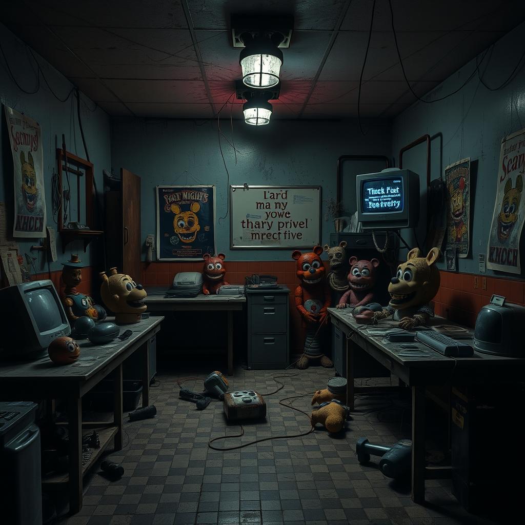 A spooky and eerie parts and service room inspired by the Five Nights at Freddy's (FNAF) aesthetic