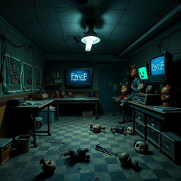 A spooky and eerie parts and service room inspired by the Five Nights at Freddy's (FNAF) aesthetic