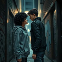 A scene depicting a forbidden romance between two teenagers, one with curly black hair and the other with lighter black hair