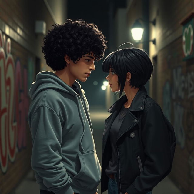 A scene depicting a forbidden romance between two teenagers, one with curly black hair and the other with lighter black hair