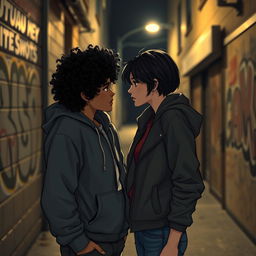 A scene depicting a forbidden romance between two teenagers, one with curly black hair and the other with lighter black hair