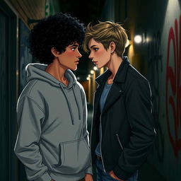 A scene depicting a forbidden romance between two teenagers, one with curly black hair and the other with lighter black hair