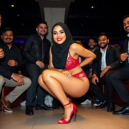A woman wearing a black hijab in a playful squat position, showcasing her red lingerie and stylish stiletto heels