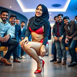 A woman wearing a black hijab in a playful squat position, showcasing her red lingerie and stylish stiletto heels