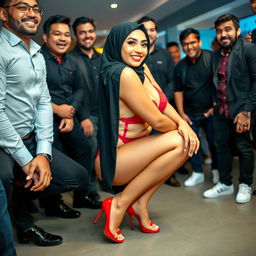 A woman wearing a black hijab in a playful squat position, showcasing her red lingerie and stylish stiletto heels