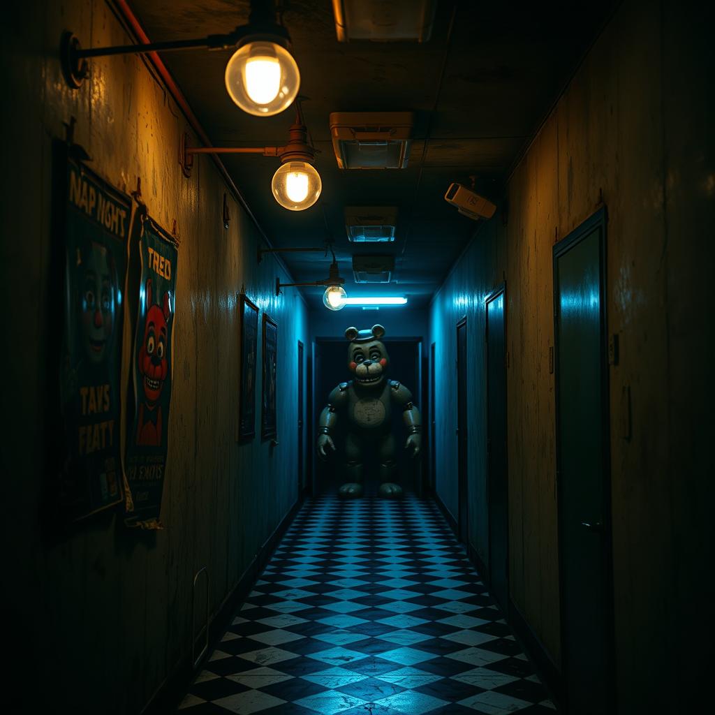 A dimly lit corridor inspired by Five Nights at Freddy's, featuring flickering overhead lights and dark, foreboding shadows