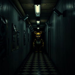 A dimly lit corridor inspired by Five Nights at Freddy's, featuring flickering overhead lights and dark, foreboding shadows