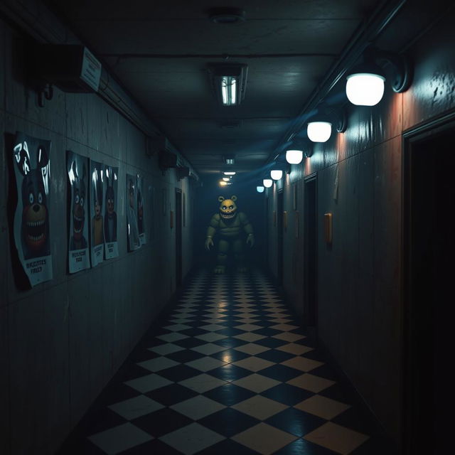 A dimly lit corridor inspired by Five Nights at Freddy's, featuring flickering overhead lights and dark, foreboding shadows