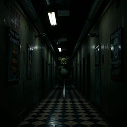 A dimly lit corridor inspired by Five Nights at Freddy's, featuring flickering overhead lights and dark, foreboding shadows