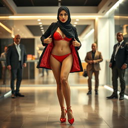 A woman in a black hijab wearing red lingerie and stylish stiletto heels, gracefully taking off her coat in a well-lit modern setting