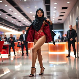 A woman in a black hijab wearing red lingerie and stylish stiletto heels, gracefully taking off her coat in a well-lit modern setting