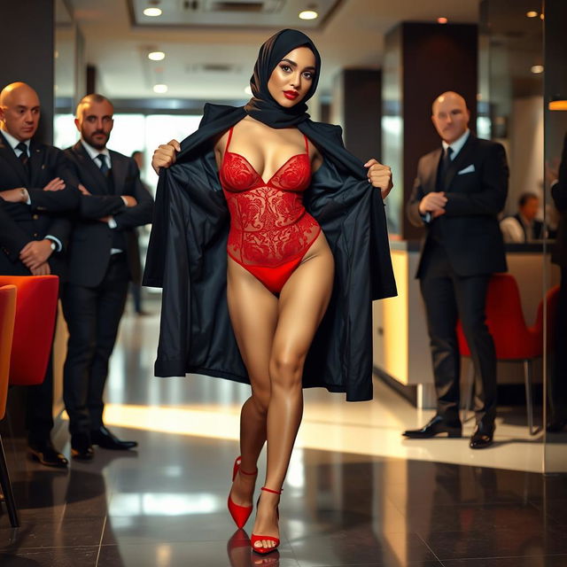 A woman in a black hijab wearing red lingerie and stylish stiletto heels, gracefully taking off her coat in a well-lit modern setting
