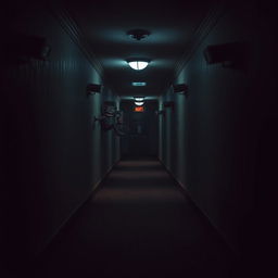 A dimly lit corridor inspired by the Five Nights at Freddy's (FNAF) game atmosphere, featuring vintage animatronic aesthetic with dark, eerie walls and flickering lights