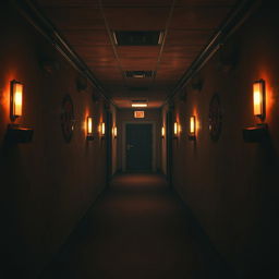 A dimly lit corridor inspired by the Five Nights at Freddy's (FNAF) game atmosphere, featuring vintage animatronic aesthetic with dark, eerie walls and flickering lights