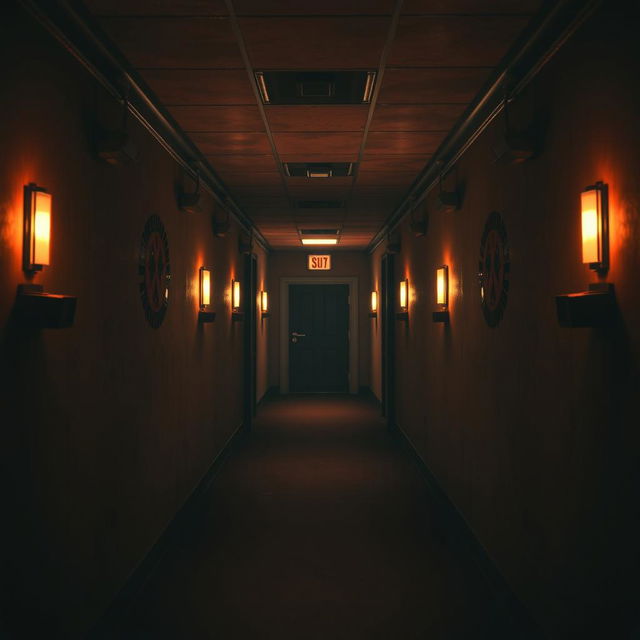 A dimly lit corridor inspired by the Five Nights at Freddy's (FNAF) game atmosphere, featuring vintage animatronic aesthetic with dark, eerie walls and flickering lights