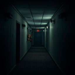 A dimly lit corridor inspired by the Five Nights at Freddy's (FNAF) game atmosphere, featuring vintage animatronic aesthetic with dark, eerie walls and flickering lights