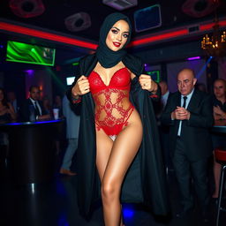 A woman wearing a black hijab, elegantly taking off her coat to reveal red lingerie and stylish stiletto heels, standing confidently in a lively nightclub setting