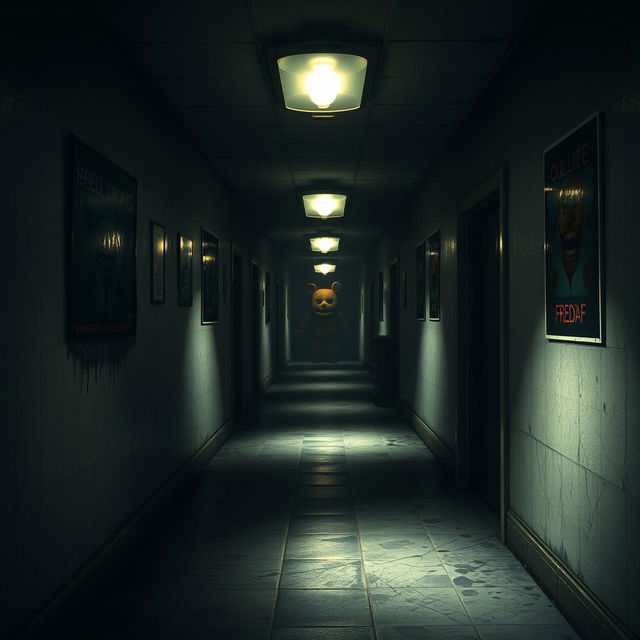 A dimly lit hallway in a horror game, inspired by Five Nights at Freddy's (FNAF), with flickering overhead lights casting eerie shadows on the walls