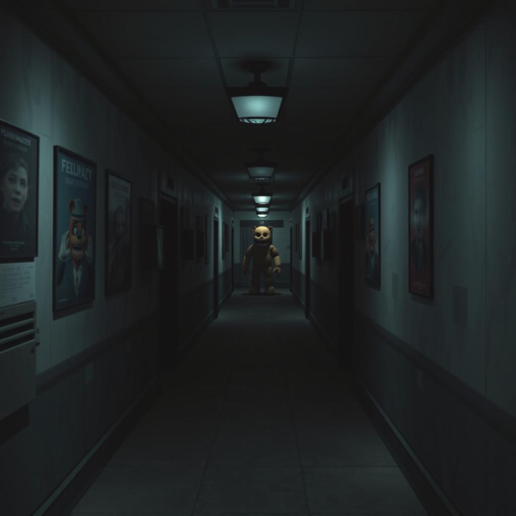 A dimly lit hallway in a horror game, inspired by Five Nights at Freddy's (FNAF), with flickering overhead lights casting eerie shadows on the walls