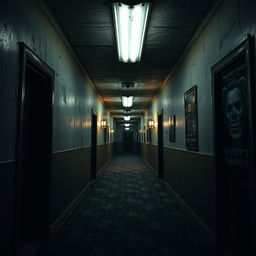 A dimly lit corridor inspired by Five Nights at Freddy's, featuring eerie, flickering fluorescent lights, worn-out carpet with a creepy pattern, walls adorned with peeling paint, and shadows lurking in the corners