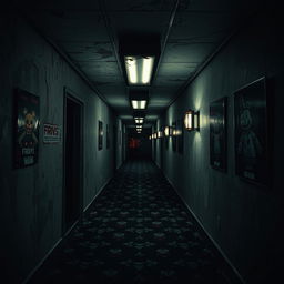 A dimly lit corridor inspired by Five Nights at Freddy's, featuring eerie, flickering fluorescent lights, worn-out carpet with a creepy pattern, walls adorned with peeling paint, and shadows lurking in the corners
