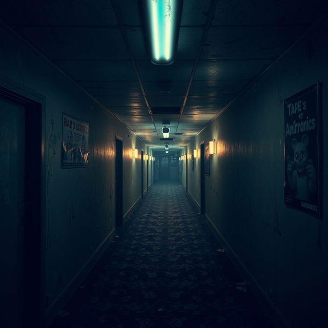 A dimly lit corridor inspired by Five Nights at Freddy's, featuring eerie, flickering fluorescent lights, worn-out carpet with a creepy pattern, walls adorned with peeling paint, and shadows lurking in the corners