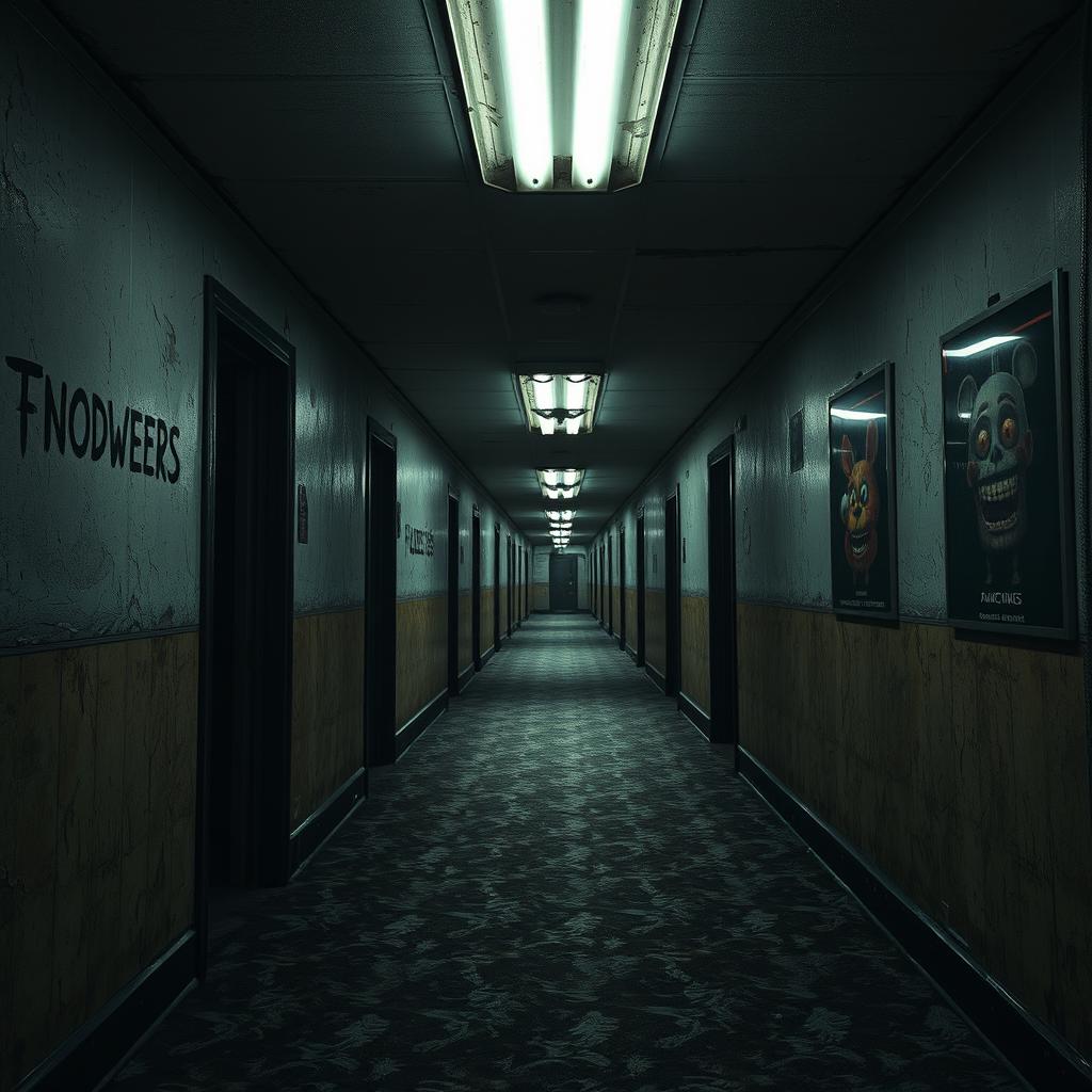 A dimly lit corridor inspired by Five Nights at Freddy's, featuring eerie, flickering fluorescent lights, worn-out carpet with a creepy pattern, walls adorned with peeling paint, and shadows lurking in the corners