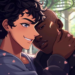 A beautifully illustrated scene depicting a forbidden romance between two homosexual teenagers, capturing their intimate moment in a secret setting
