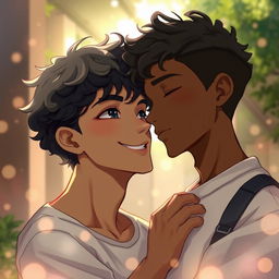 A beautifully illustrated scene depicting a forbidden romance between two homosexual teenagers, capturing their intimate moment in a secret setting