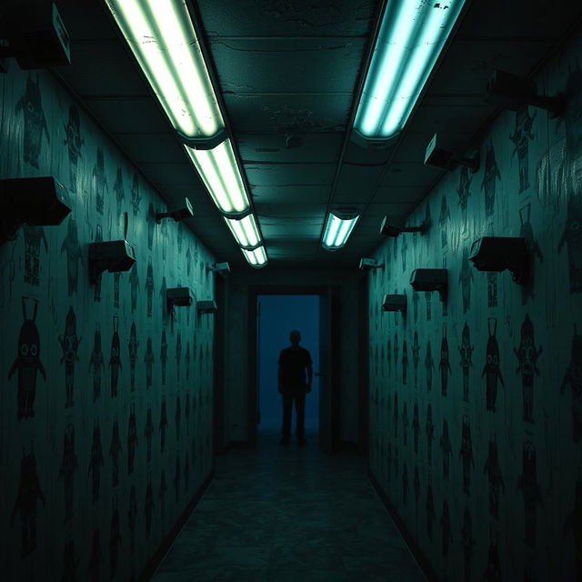 A dimly lit corridor inspired by Five Nights at Freddy's, featuring worn and flickering fluorescent lights above, peeling wallpaper with creepy animatronic-themed designs, and a sense of eerie anticipation