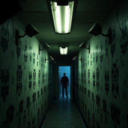 A dimly lit corridor inspired by Five Nights at Freddy's, featuring worn and flickering fluorescent lights above, peeling wallpaper with creepy animatronic-themed designs, and a sense of eerie anticipation