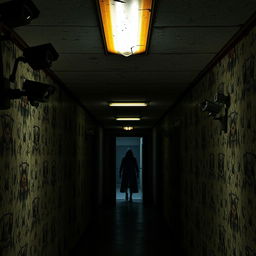 A dimly lit corridor inspired by Five Nights at Freddy's, featuring worn and flickering fluorescent lights above, peeling wallpaper with creepy animatronic-themed designs, and a sense of eerie anticipation