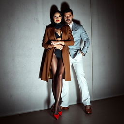A striking image of a confident woman wearing a stylish hijab and a fashionable coat, complemented by alluring lingerie and elegant stockings, standing with poise