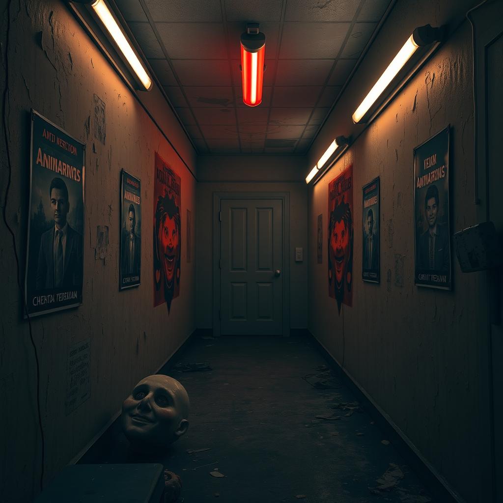 A dimly lit corridor inspired by a horror game, featuring flickering fluorescent lights casting eerie shadows on peeling walls