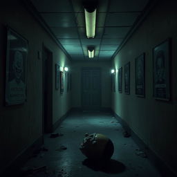 A dimly lit corridor inspired by a horror game, featuring flickering fluorescent lights casting eerie shadows on peeling walls