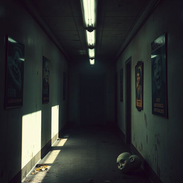 A dimly lit corridor inspired by a horror game, featuring flickering fluorescent lights casting eerie shadows on peeling walls