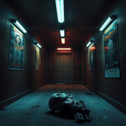 A dimly lit corridor inspired by a horror game, featuring flickering fluorescent lights casting eerie shadows on peeling walls