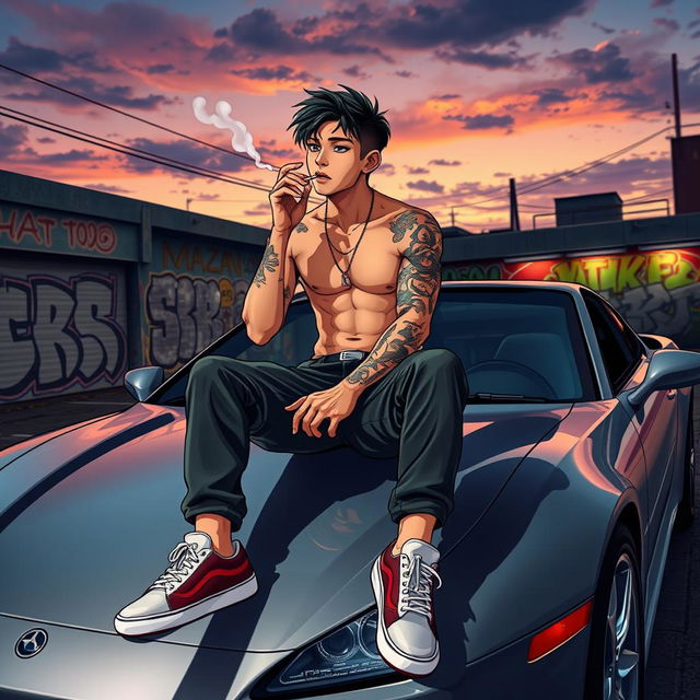 A Japanese boy with an athletic physique, sporting tattoos, casually sitting on the hood of a sleek, modern car while smoking a cigarette