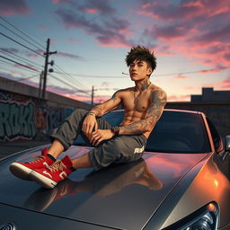 A Japanese boy with an athletic physique, sporting tattoos, casually sitting on the hood of a sleek, modern car while smoking a cigarette