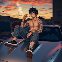 A Japanese boy with an athletic physique, sporting tattoos, casually sitting on the hood of a sleek, modern car while smoking a cigarette