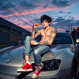 A Japanese boy with an athletic physique, sporting tattoos, casually sitting on the hood of a sleek, modern car while smoking a cigarette