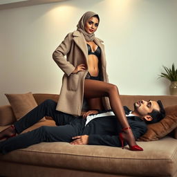 A confident woman wearing a stylish hijab and fashionable winter coat, elegantly paired with luxurious lingerie, stockings, and striking stiletto pointy heels