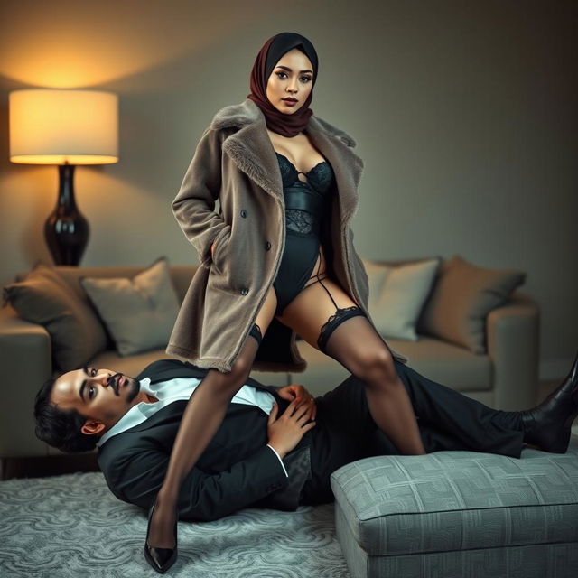 A confident woman wearing a stylish hijab and fashionable winter coat, elegantly paired with luxurious lingerie, stockings, and striking stiletto pointy heels