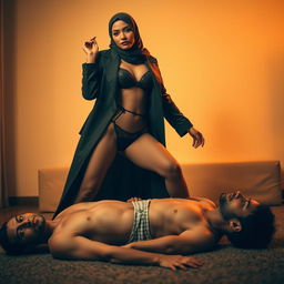 A woman wearing a stylish hijab, a long elegant coat, and sophisticated lingerie, including stockings and stiletto pointy heels, confidently standing on top of a man dressed in comfortable boxers on the floor