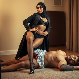 A woman wearing a stylish hijab, a long elegant coat, and sophisticated lingerie, including stockings and stiletto pointy heels, confidently standing on top of a man dressed in comfortable boxers on the floor