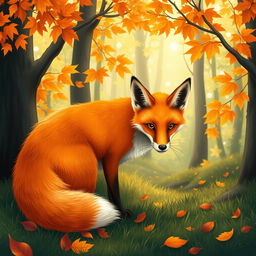 A detailed illustration of a beautiful red fox in a lush green forest during autumn