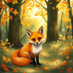 A detailed illustration of a beautiful red fox in a lush green forest during autumn